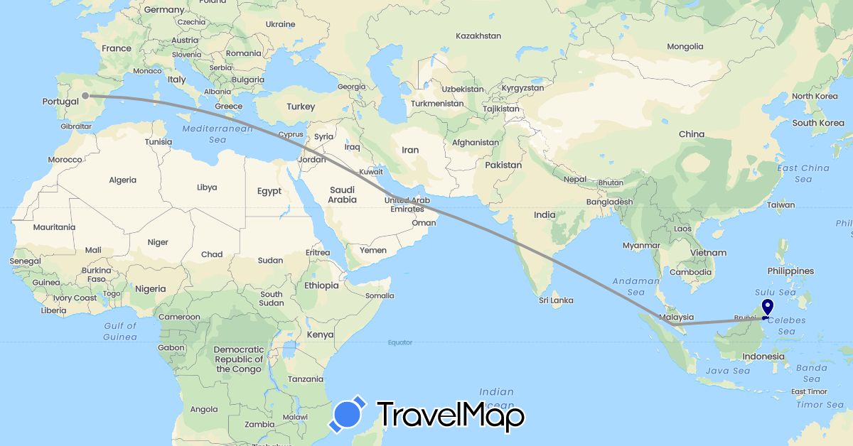 TravelMap itinerary: driving, plane in Spain, Malaysia, Qatar (Asia, Europe)